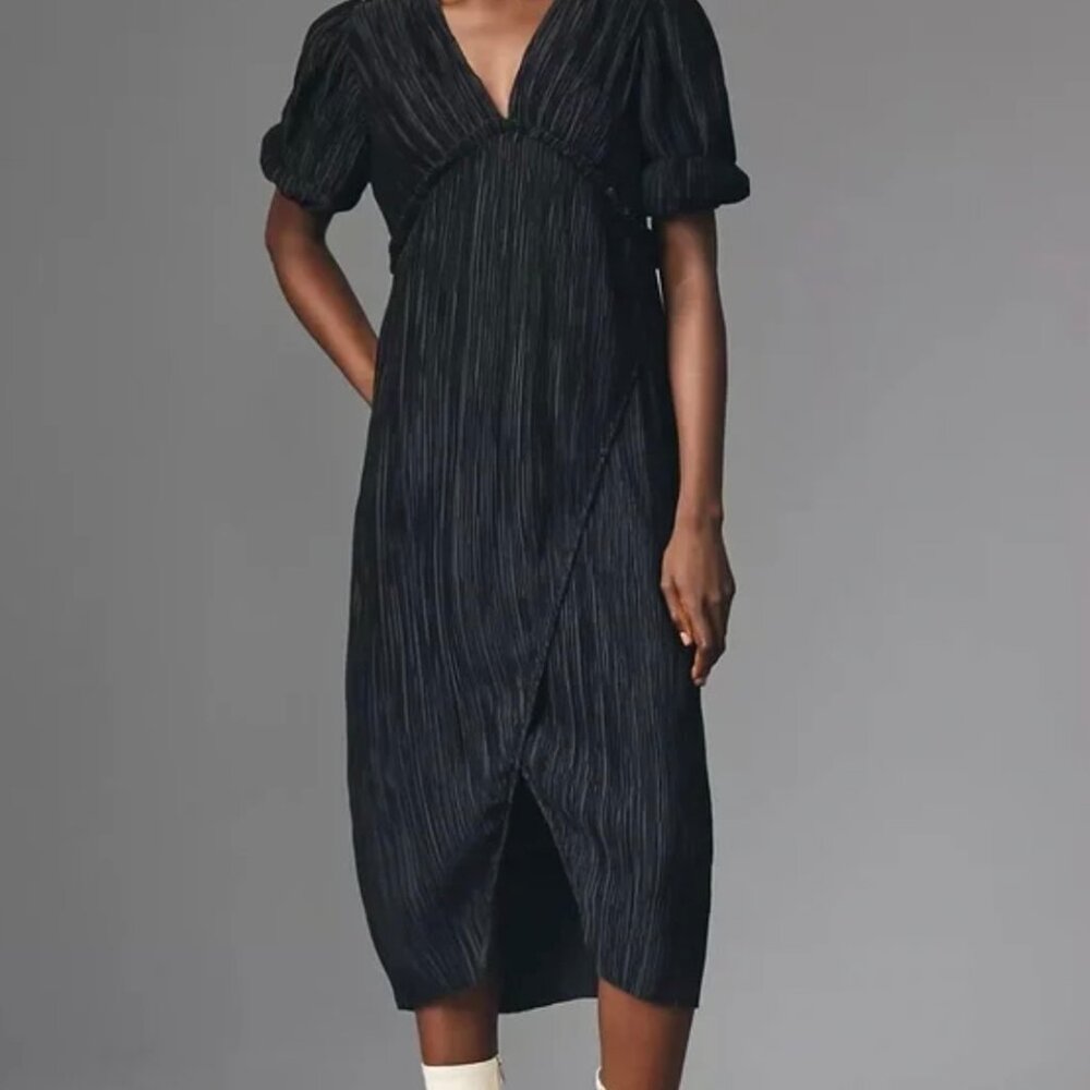 NWT Anthropologie v-neck pleated slim midi dress, S, black